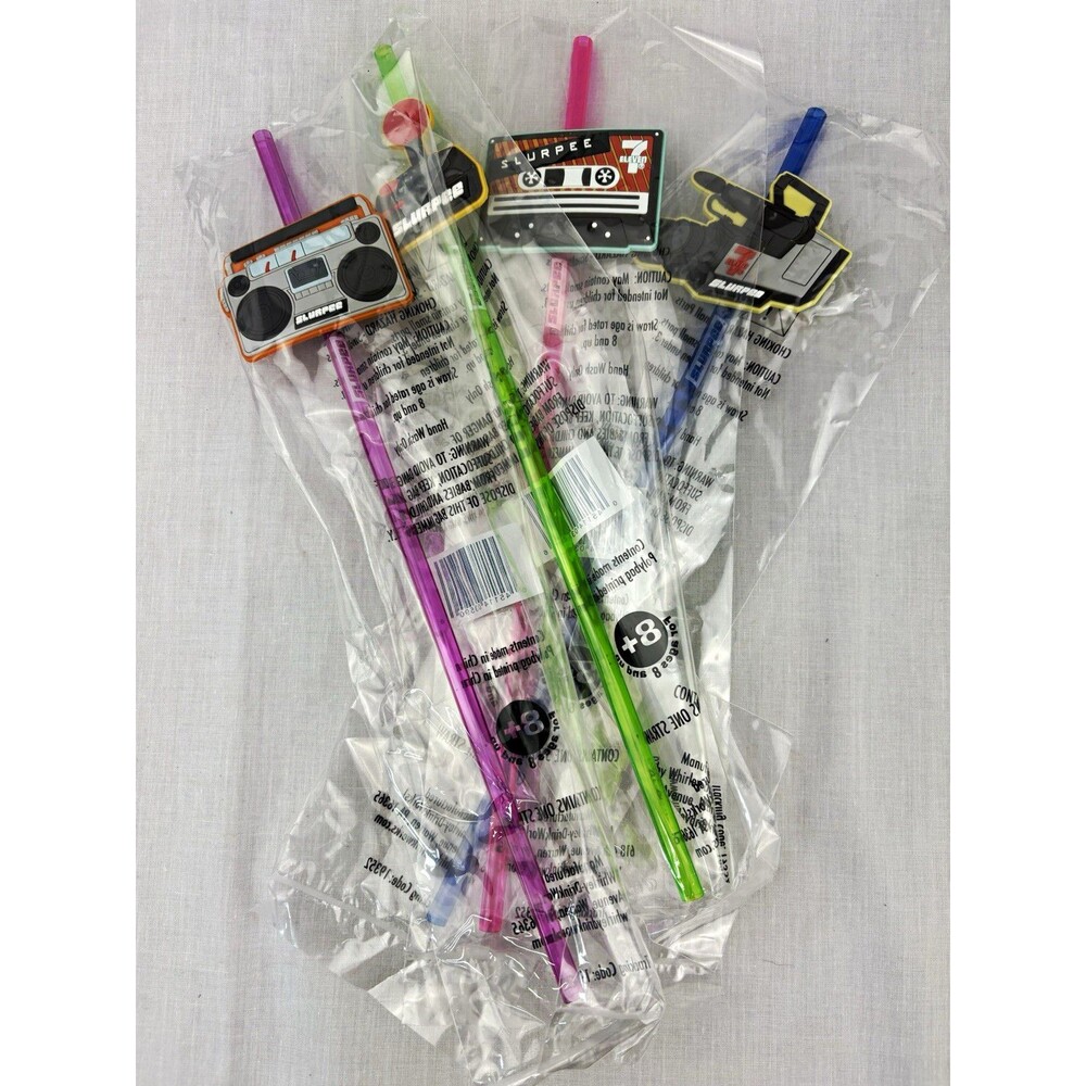 Slurpee Multicolor Promotional Advertising Straws w/ Novelty Toppers, LOT OF 4